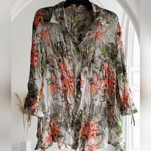 🎄$5🎄US16🌺Tropical Vintage Orange&White 3/4 Sleeve Blouse Top